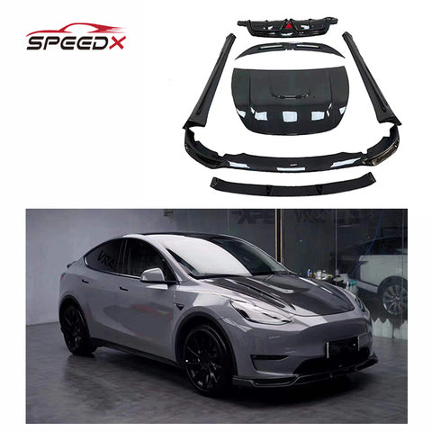 For Tesla Model Y Carbon Fiber Body Kit with Front Lip Rear Spoiler Hood Side Skirt Diffuser